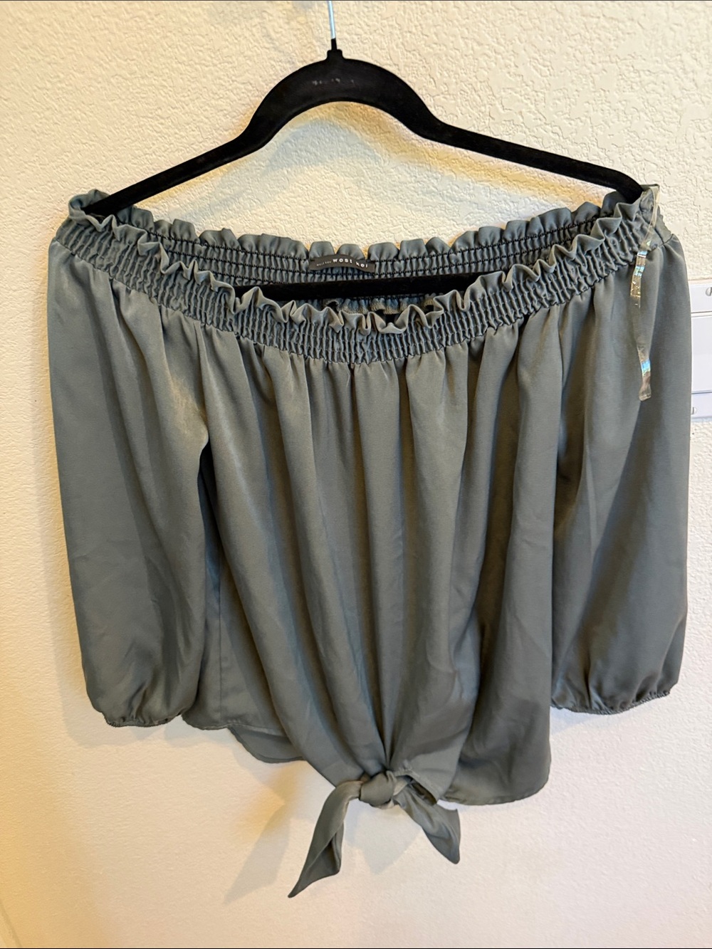 West Kei Sage Green Off-Shoulder Tie-Hem Blouse